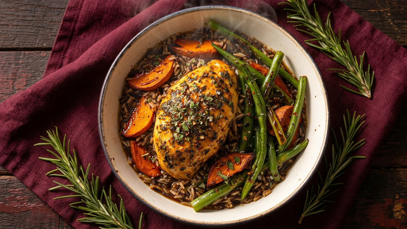 Herb baked chicken with sweet potatoes and green beans over wild rice